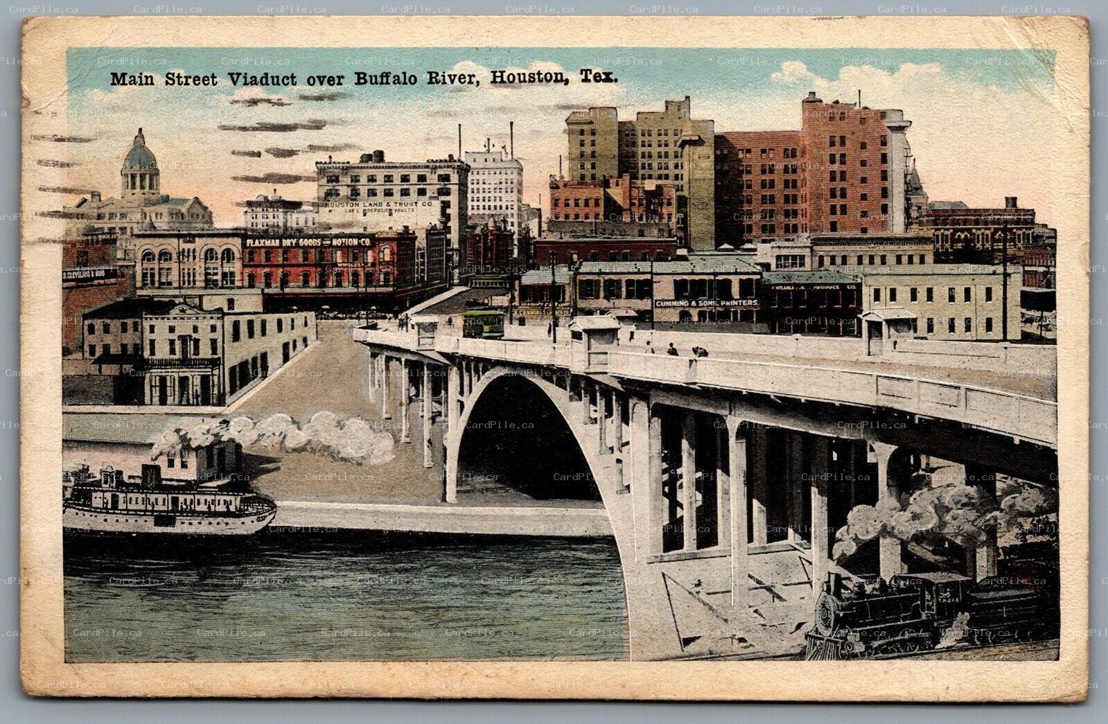Postcard Houston TX c1918 Main Street Viaduct Over Buffalo River CDS Cancel