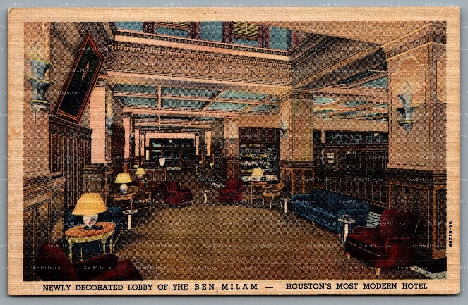 Postcard Houston TX c1938 Ben Milam Hotel Interior Decorated Lobby View Linen