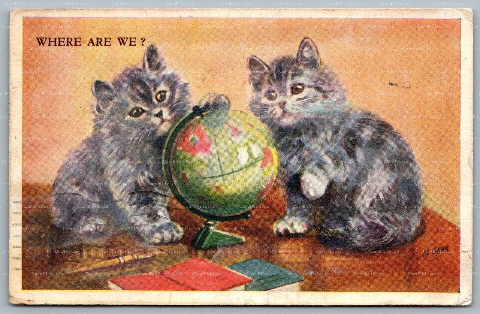 Postcard c1963 Artist Signed Mabel Gear Cat And Kitten With Globe On Desk