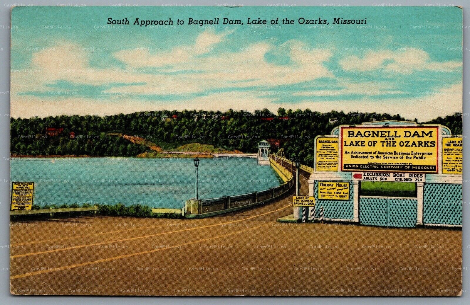 Postcard Lake of the Ozarks MO c1945 South Approach to Bagnell Dam Sign Advert