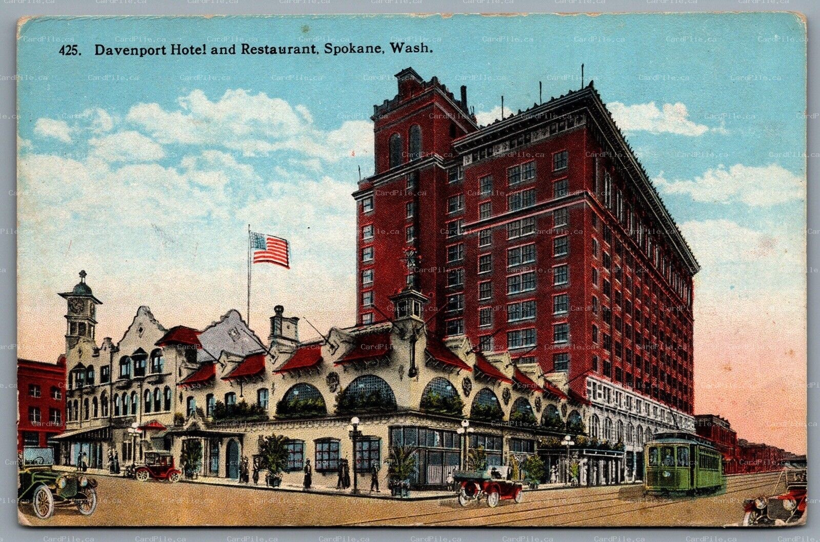 Postcard Spokane WA c1920s Davenport Hotel and Restaurant Old Cars Trolley Car