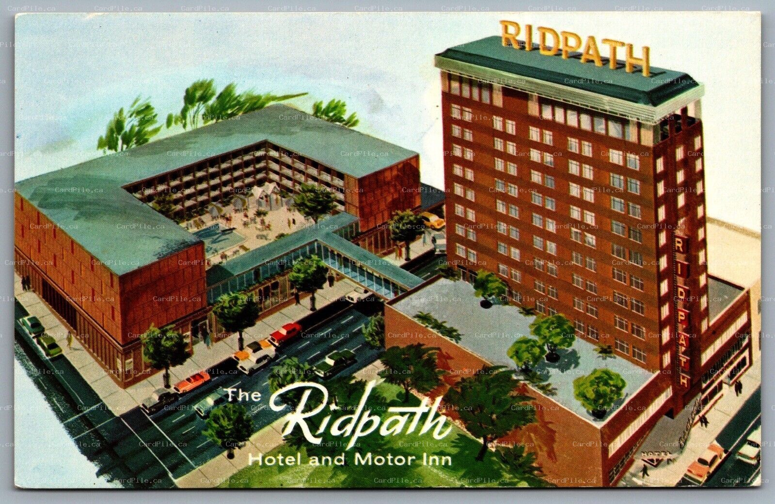 Postcard Spokane WA c1960s The Ridpath Hotel and Motor Inn Old Cars Pool Defunct