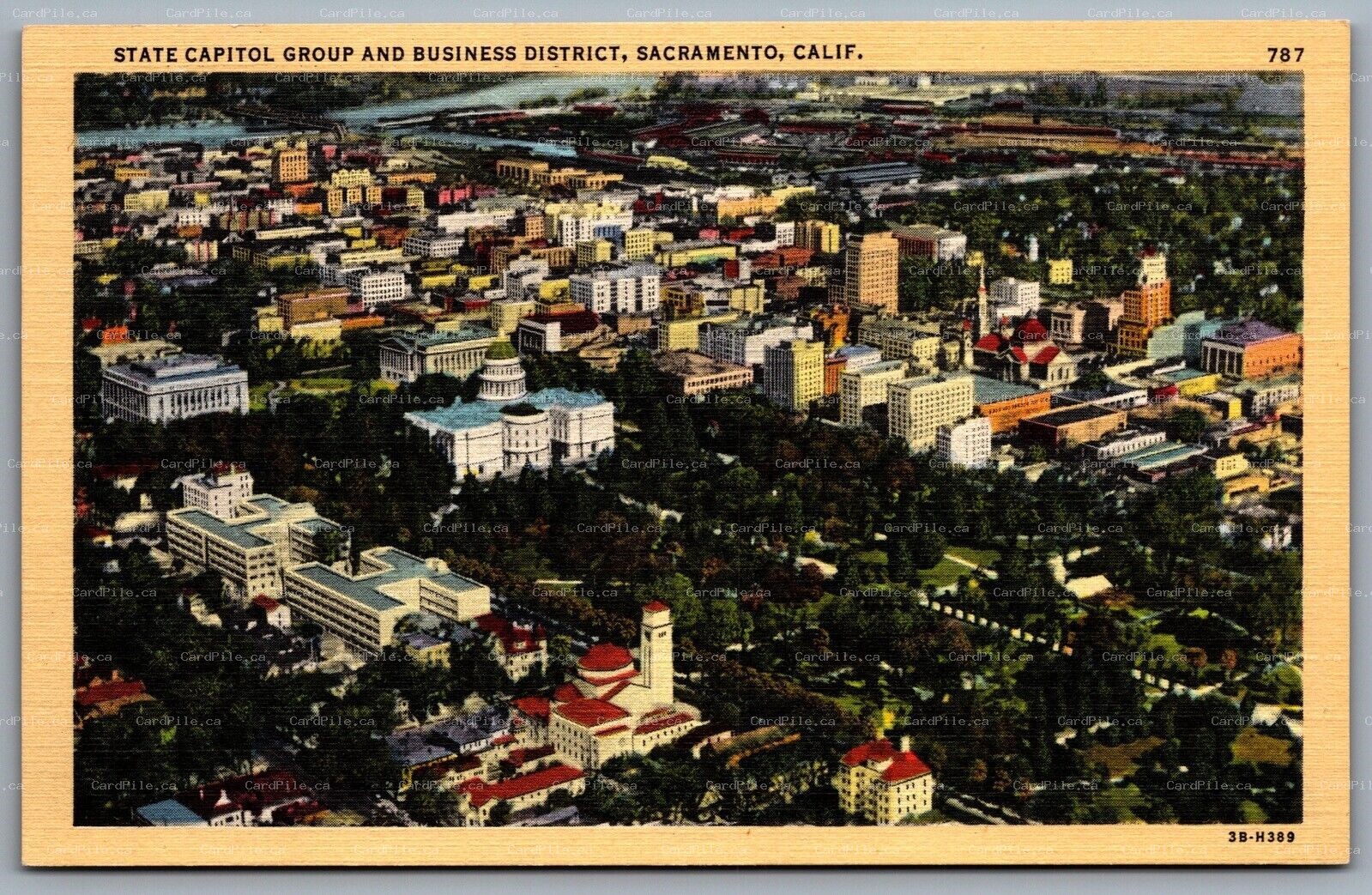 Postcard Sacramento CA c1940s State Capital Group Business District Aerial View