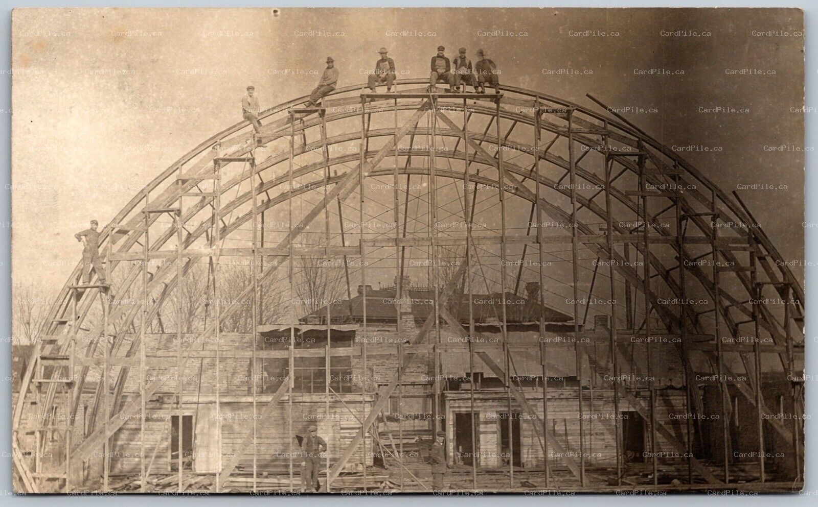 Postcard RPPC 1910s Unidentified Location North America Barn Raising Men on Top