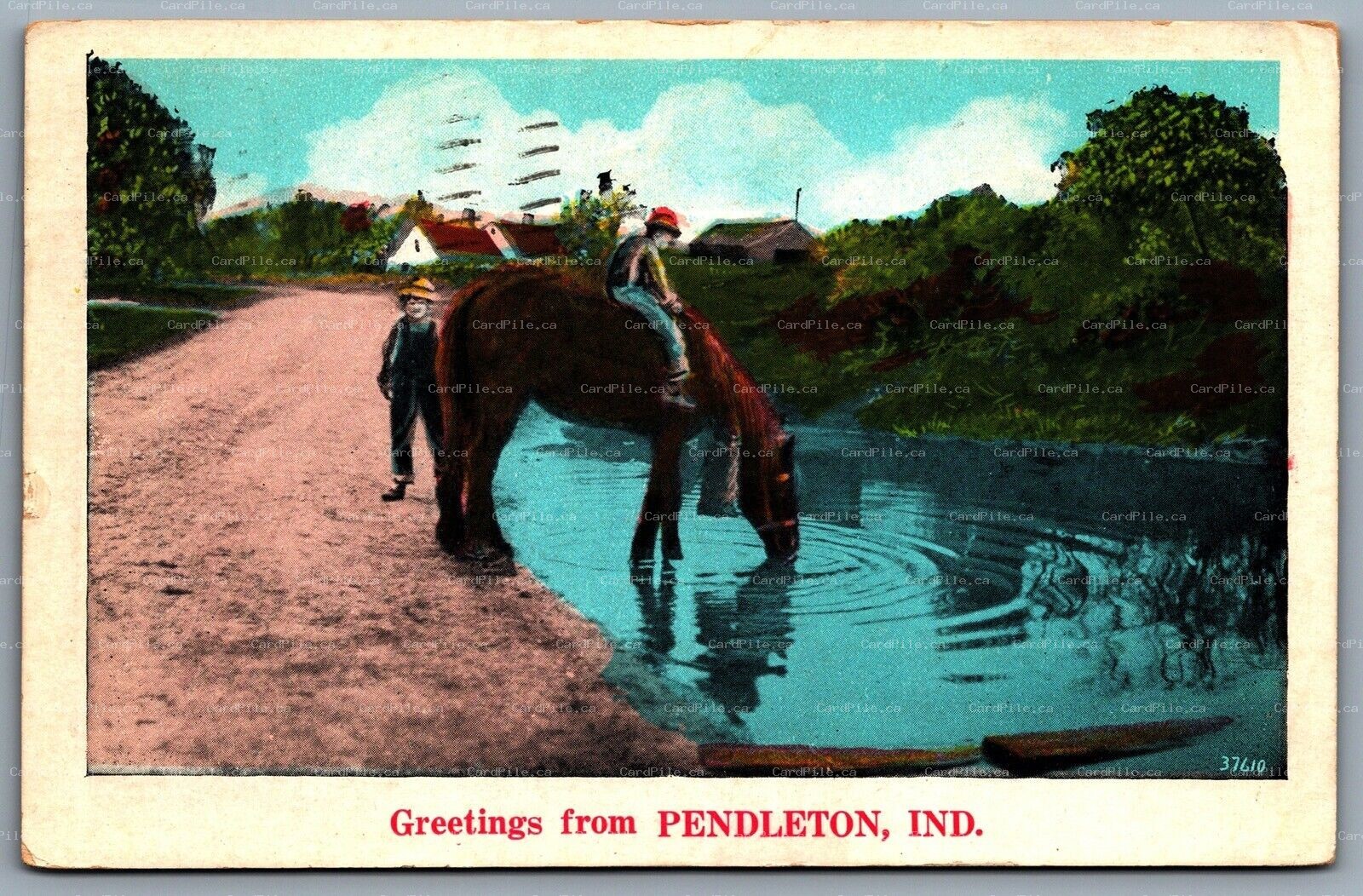 Postcard Pendleton IN c1920s Greetings From Pendleton Kids with Horse Drinking