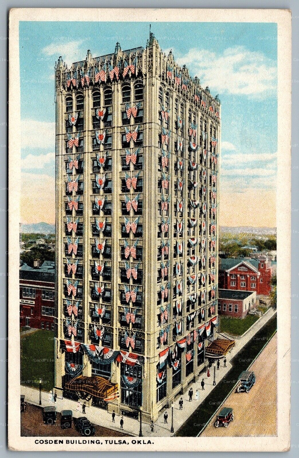 Postcard Tulsa OK c1919 Cosden Building American Flags Mid Continent Tower