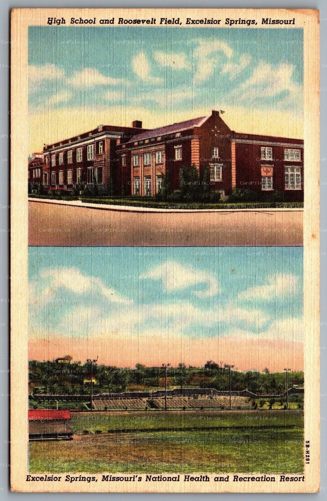 Postcard Excelsior Springs MO c1945 High School & Roosevelt Field Linen
