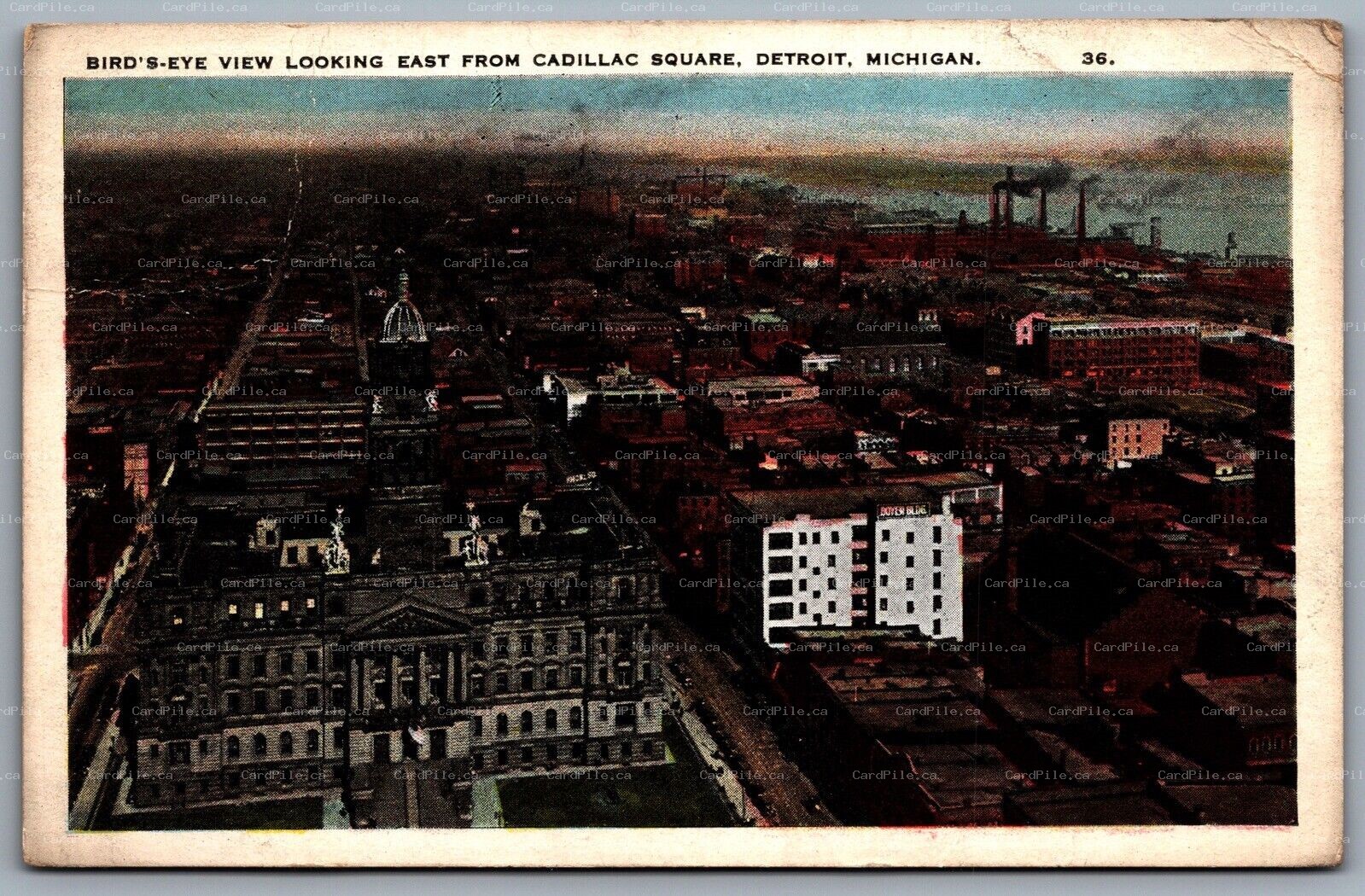 Postcard Detroit MI c1924 Birds Eye View Looking East Cadillac Square Factories