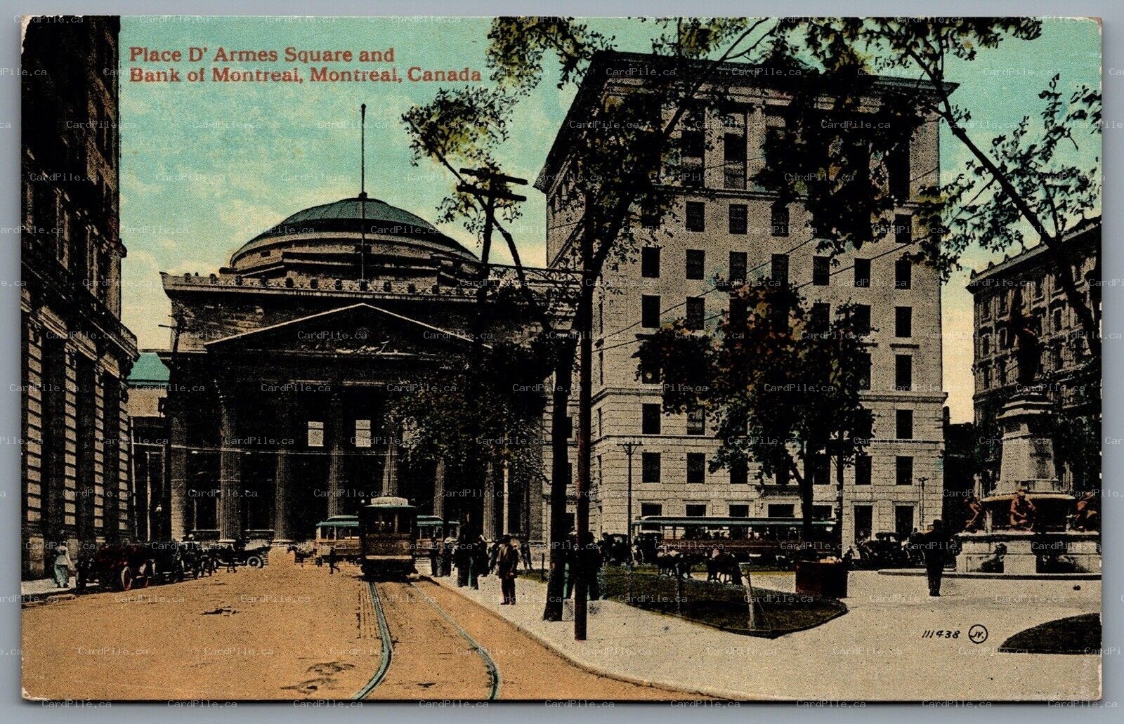 Postcard Montreal PQ c1910s Place D’Armes Square & Bank of Montreal Trolleys