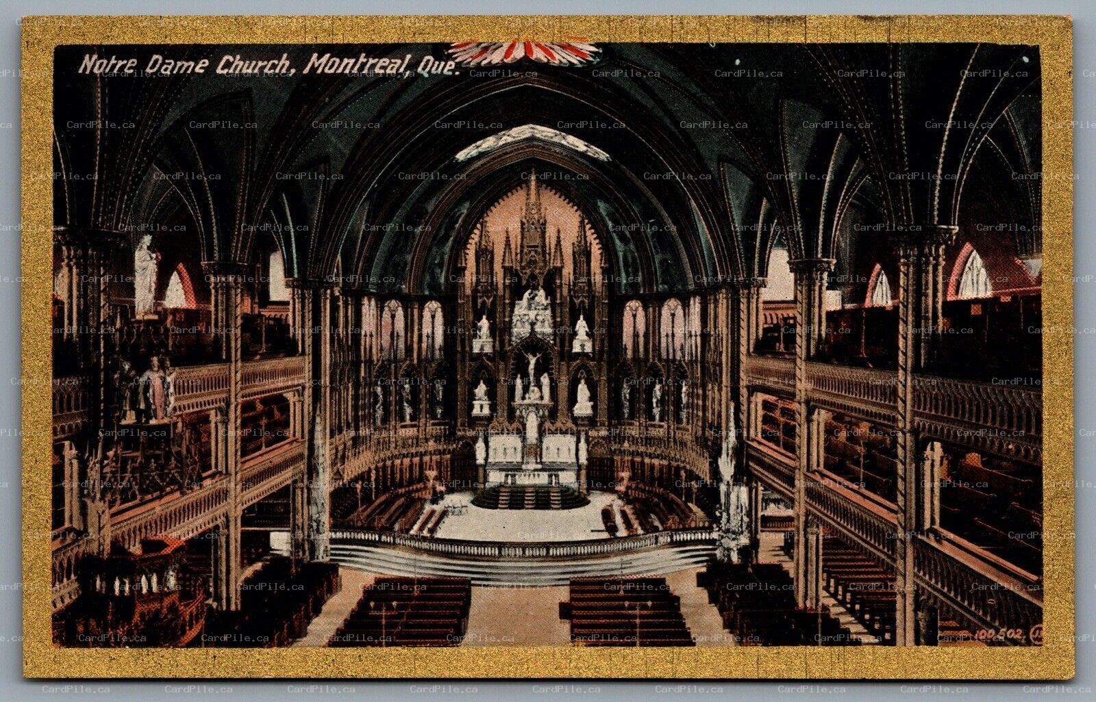 Postcard Montreal Quebec c1910s Notre Dame Church Nave View From Top Gold Border