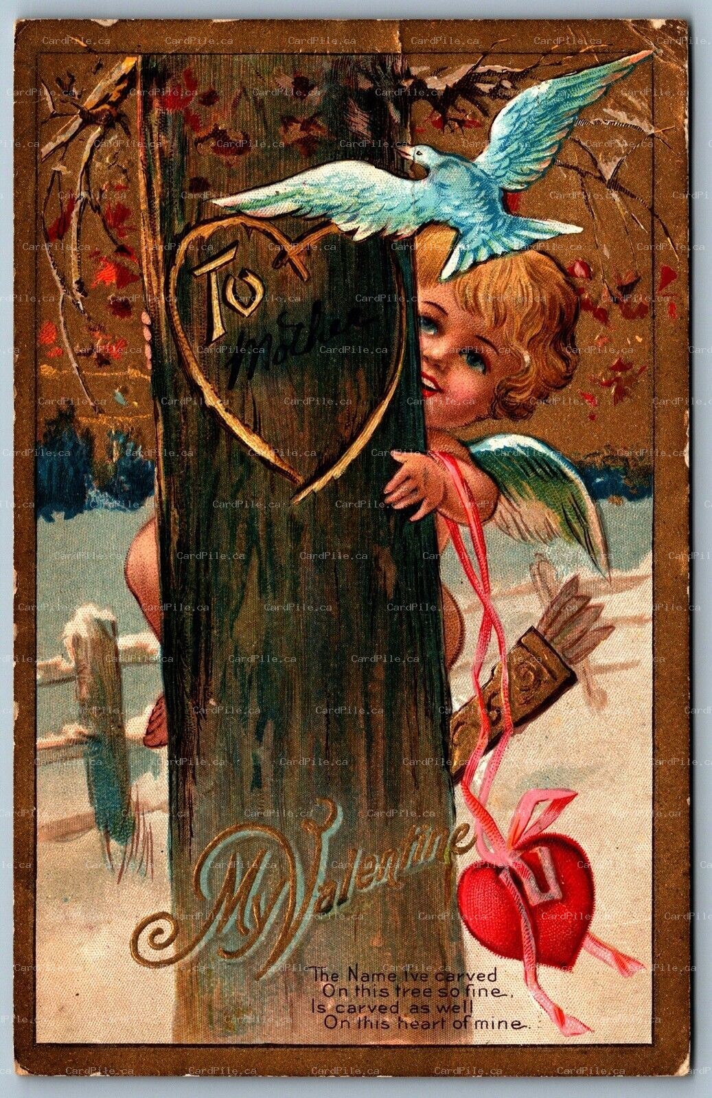 Postcard c1909 My Valentine Cupid With Heart Carved in Tree To Mother Dove 