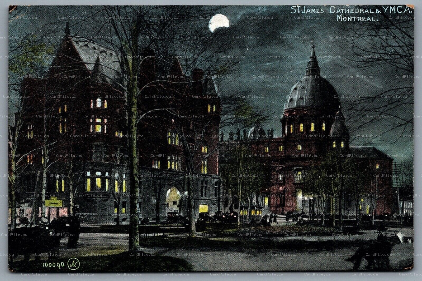 Postcard Montreal Quebec c1905 St. James Cathedral & YMCA Night View