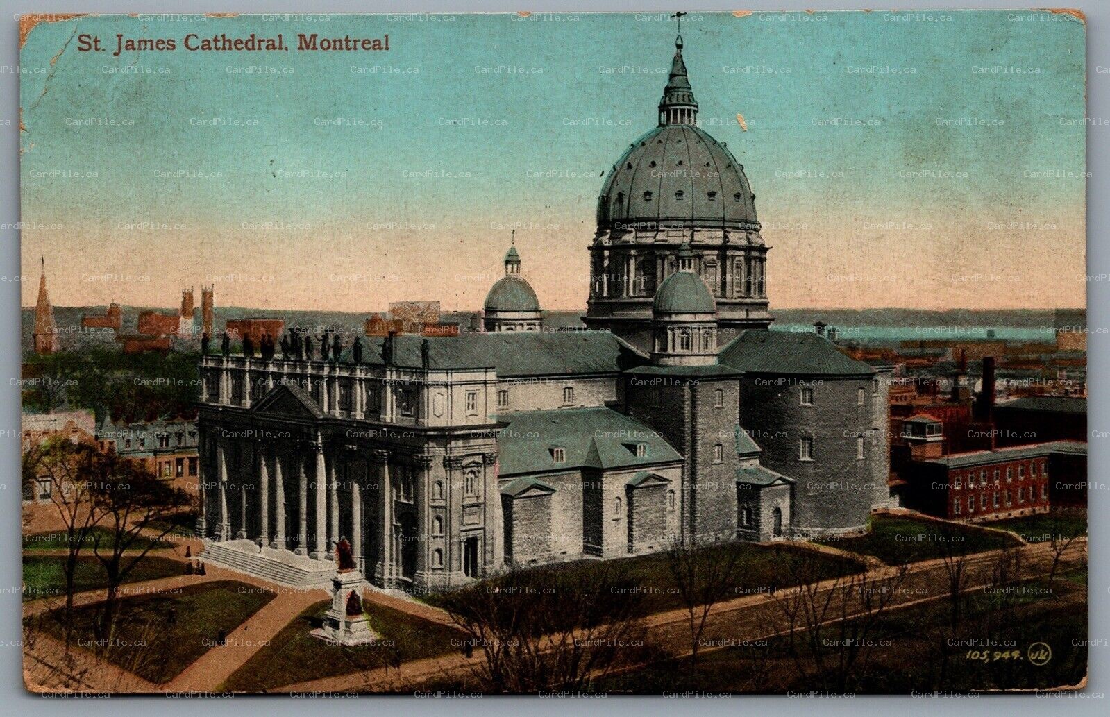 Postcard Montreal Quebec c1912 St. James Cathedral Birds Eye View CDS Cancel