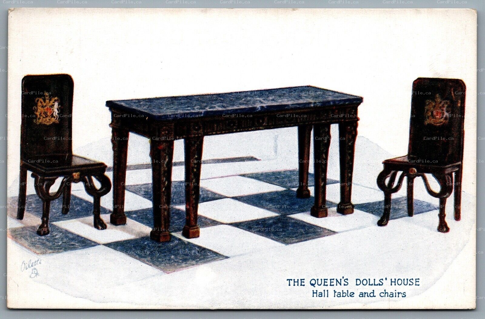 Postcard London UK c1920s Tuck Oilette Queens Doll House Hall Table and Chairs