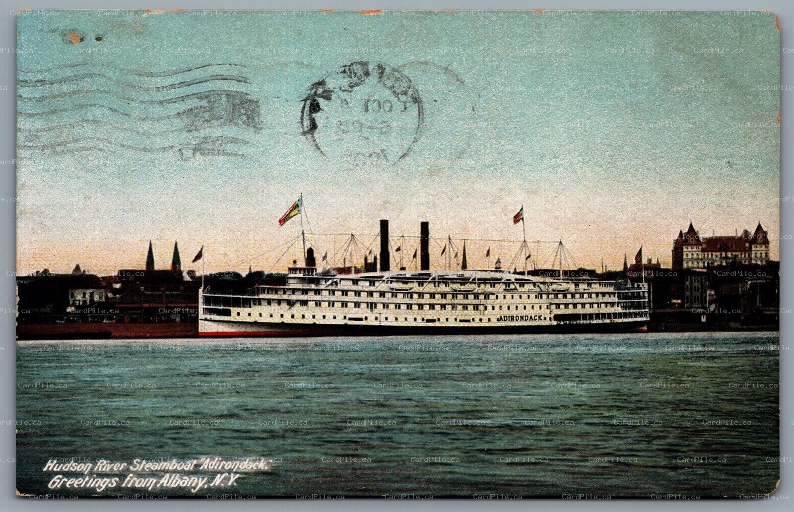 Postcard Albany NY c1905 Hudson River Steamboat Adirondack Greetings From Albany