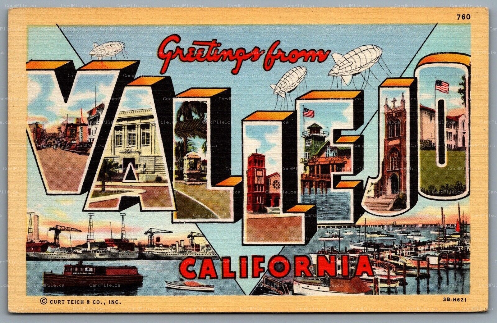 Postcard Vallejo CA c1943 Greetings From Vallejo California Large Letter Views