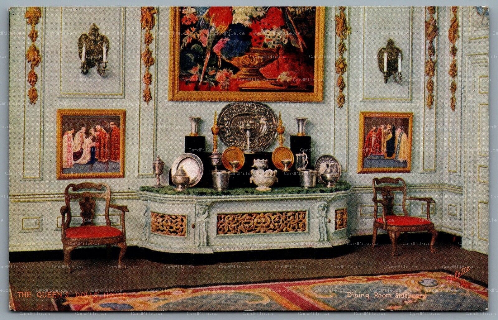 Postcard London UK c1920s Tuck Oilette Queens Doll Dining Room Sideboard