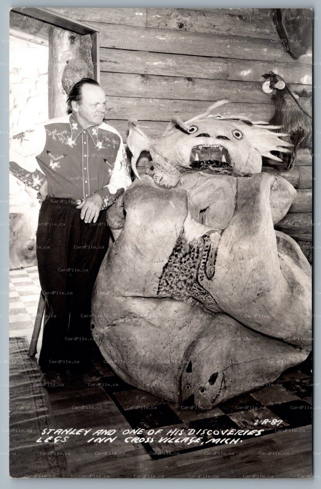 Postcard RPPC c1950s Cross Village MI Legs Inn Stanley & One Of His Discoveries