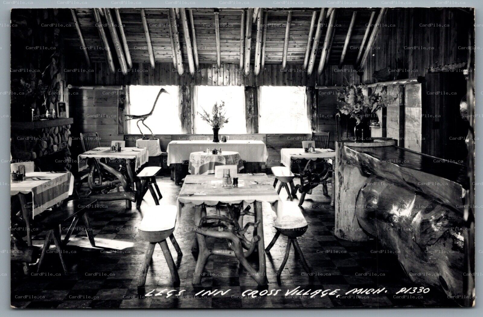 Postcard RPPC c1950s Cross Village MI Legs Inn Interior View Of Dining Area