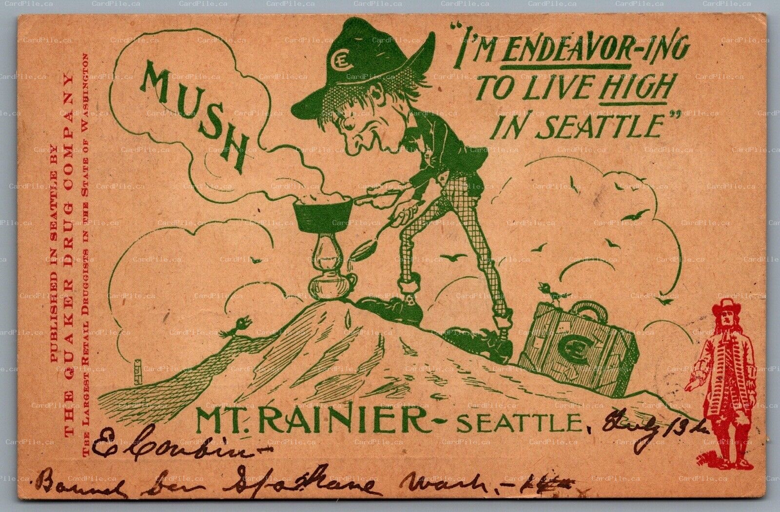 Postcard Seattle WA 1907 Mt Rainier Man Cooking Mush In Camp Quaker Drug Company