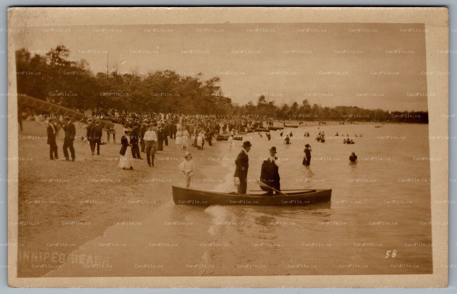 Postcard RPPC c1914 Winnipeg Beach MB Bathers Canoes RPO Fort William Winnipeg