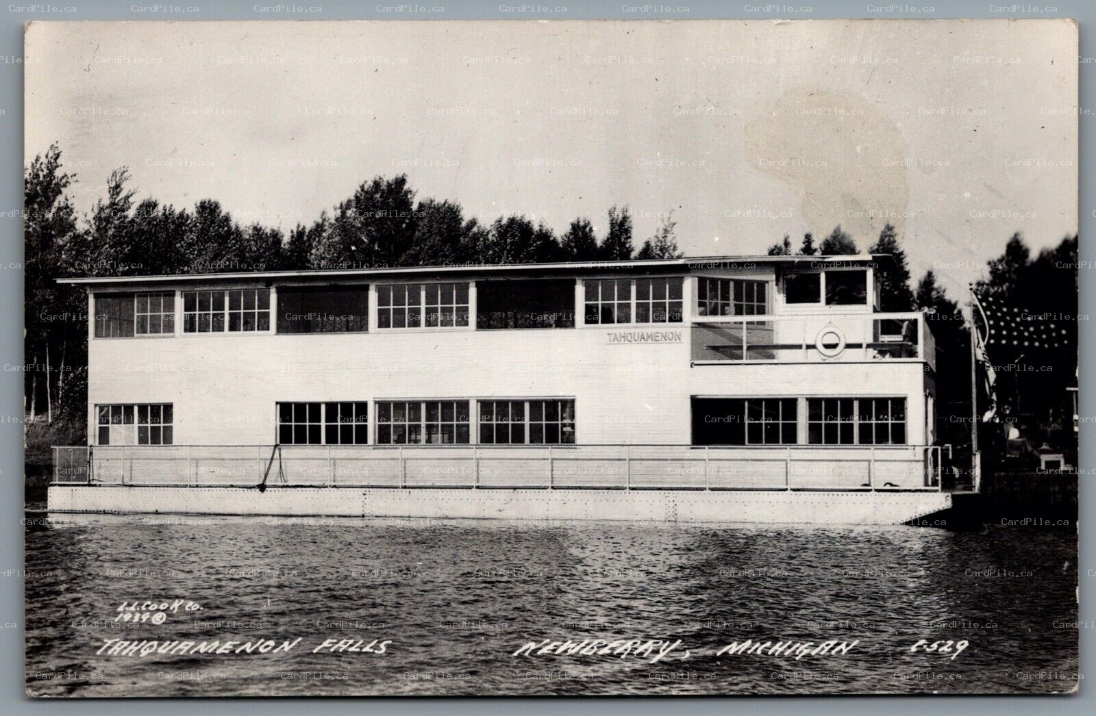 Postcard RPPC c1939 Newberry MI Tahquamenon Falls Twin Screw River Boat Flag