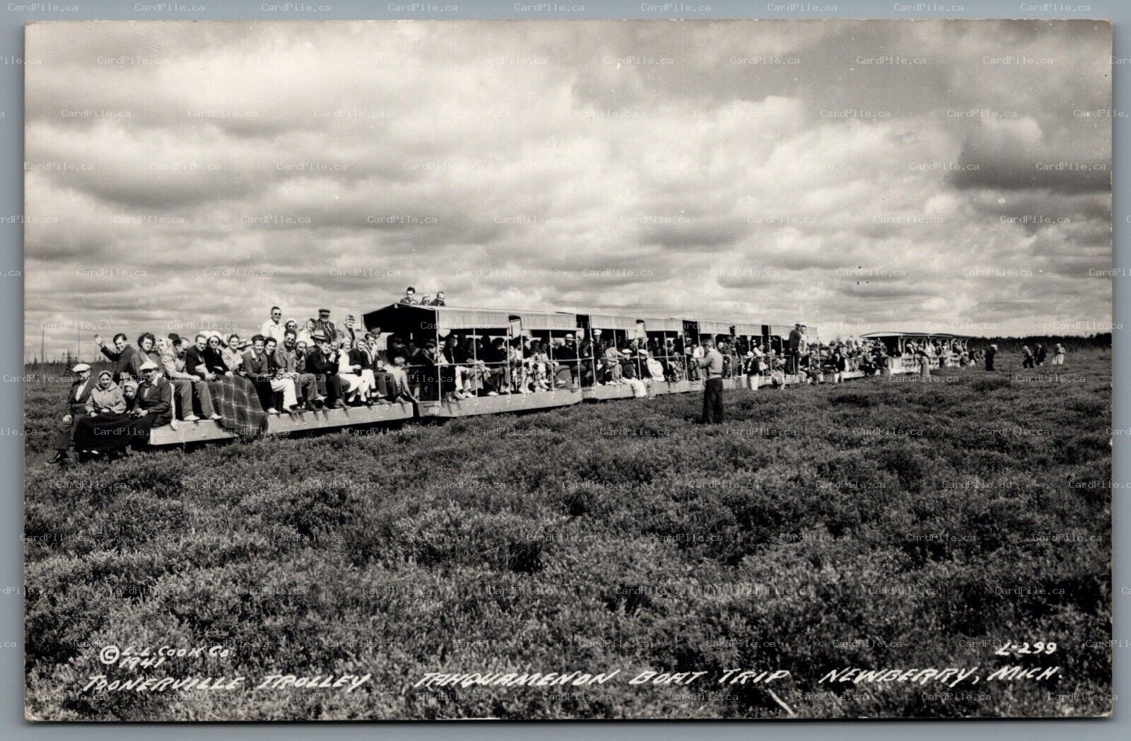Postcard RPPC c1941 Newberry MI Tahquamenon Boat Trip Toonerville Trolley Train
