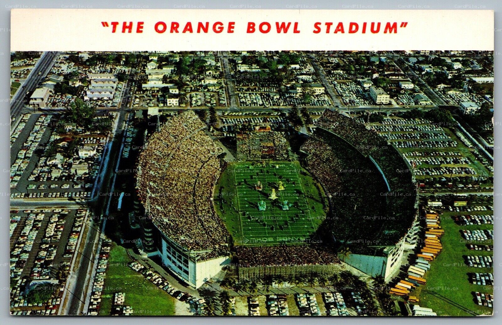 Postcard Miami Florida c1958 The Orange Bowl Stadium Football Cars Aerial View 