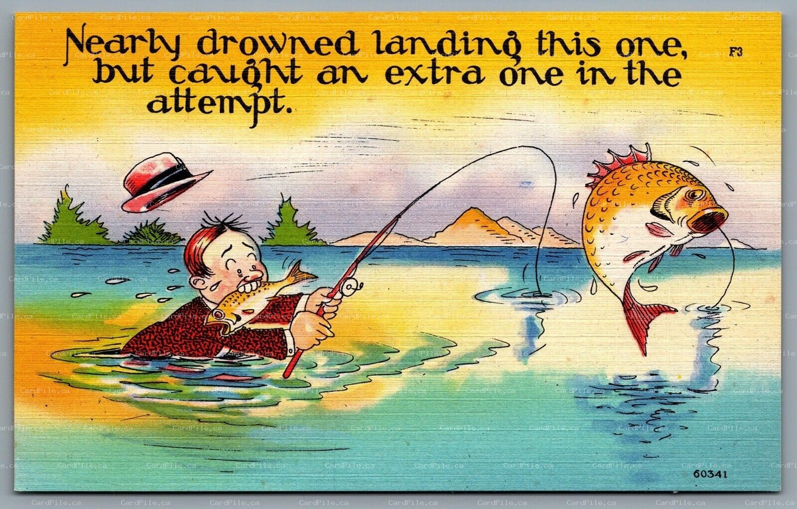 Postcard c1940s Fishing Related Nearly Drowned Landing This One But Caught ...