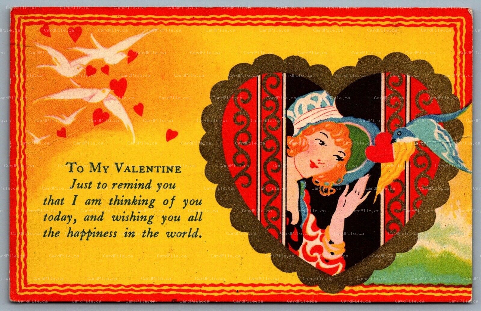 Postcard c1931 To My Valentine Art Deco Bird Delivering Heart to Lady