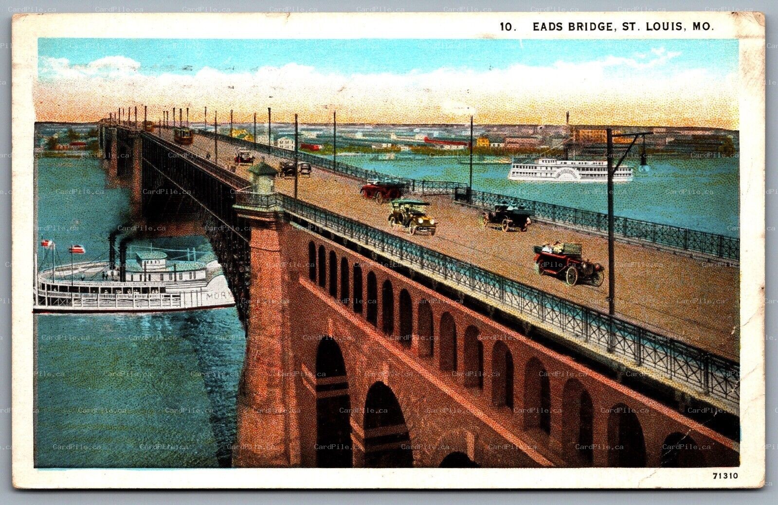 Postcard St Louis MO 1927 Eads Bridge Ferries Old Cars Trolley Mississippi River
