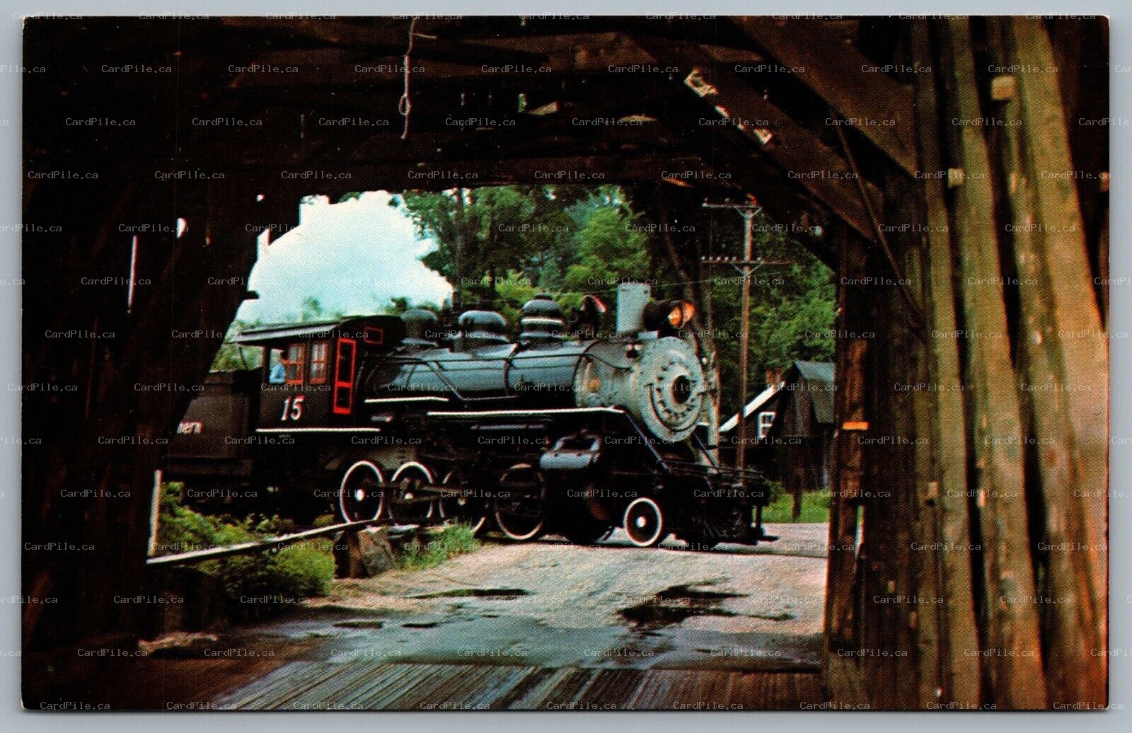 Postcard Steamtown USA Bellows Falls VT #15 Passes Bartonsville Covered Bridge