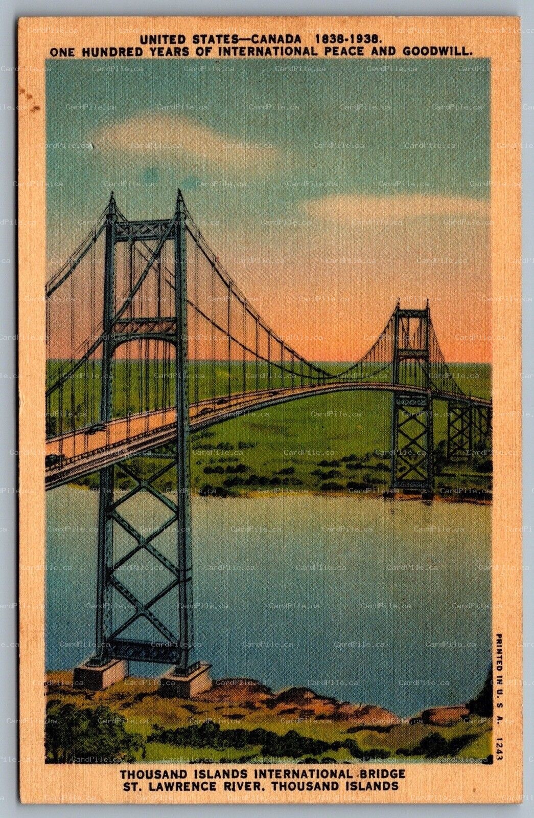 Postcard 1000 Islands NY c1930s International Bridge St. Lawrence River 