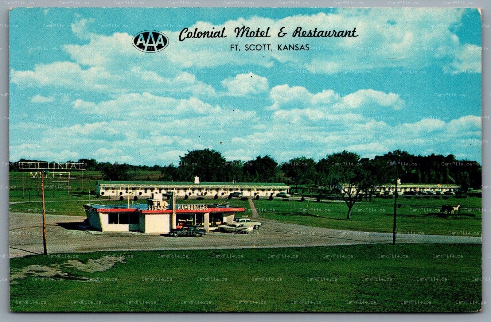 Postcard Ft. Scott KS c1960s Colonial Motel & Restaurant Hwy 69 Roadside Cars