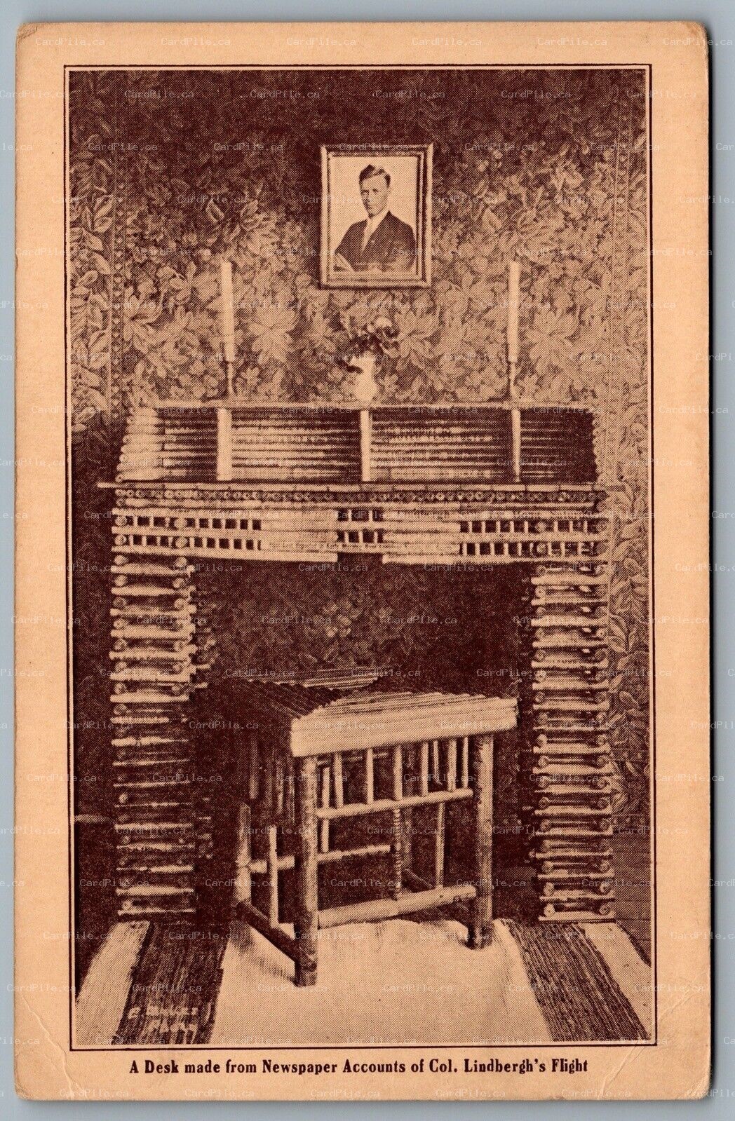 Postcard Rockport MA c1920s Desk Made From Newspaper Accoutns of Col Lindbergh's