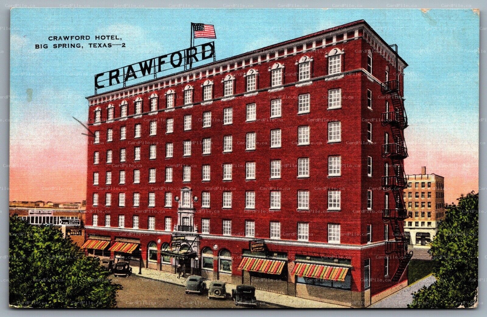 Postcard Big Springs TX c1950s Crawford Hotel Old Cars Linen