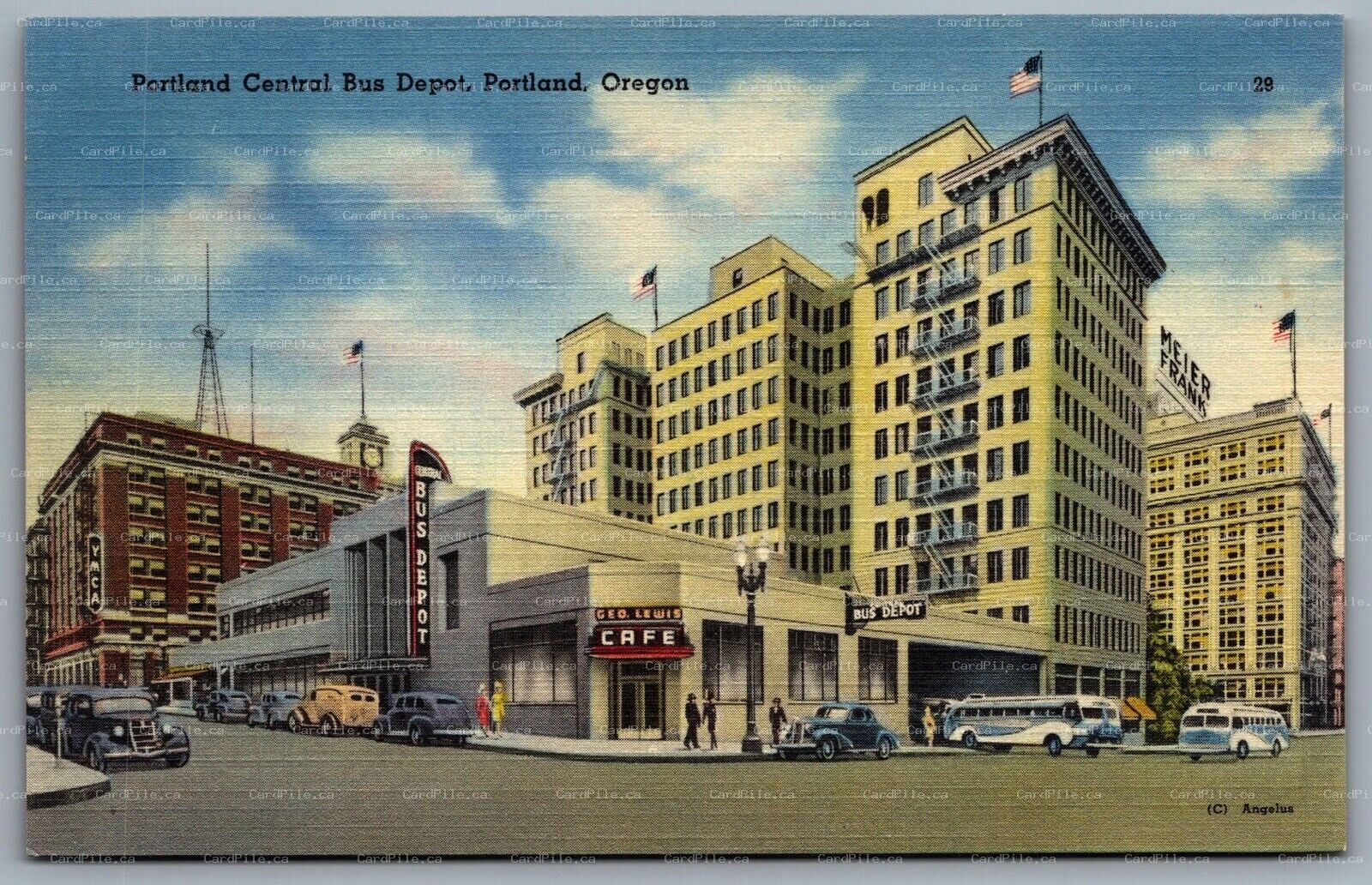 Postcard Portland OR c1940s Central Bus Depot YMCA YWCA Meier & Frank Old Cars