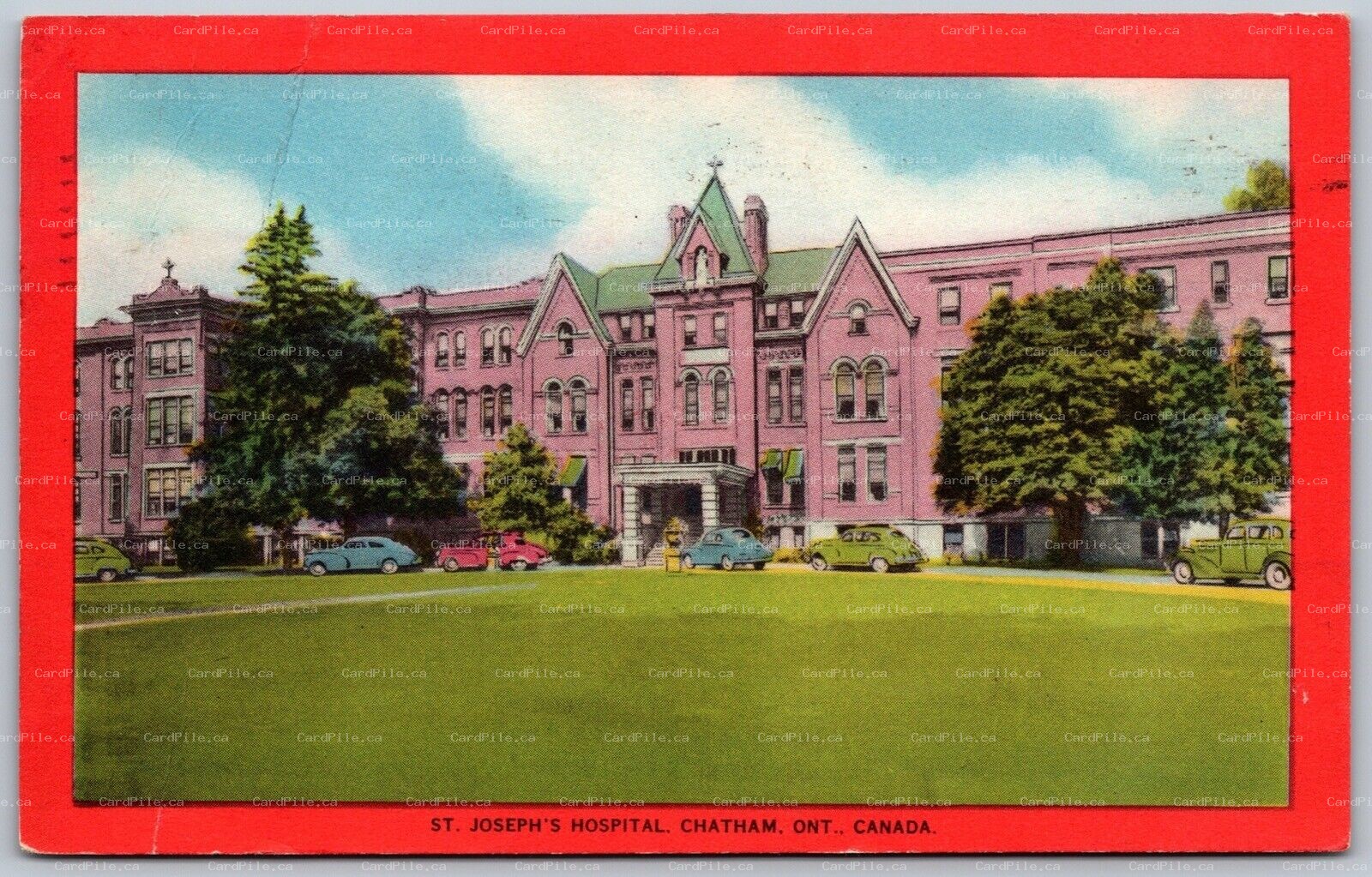 Postcard Chatham Ontario c1953 St. Josephs Hospital Old Cars