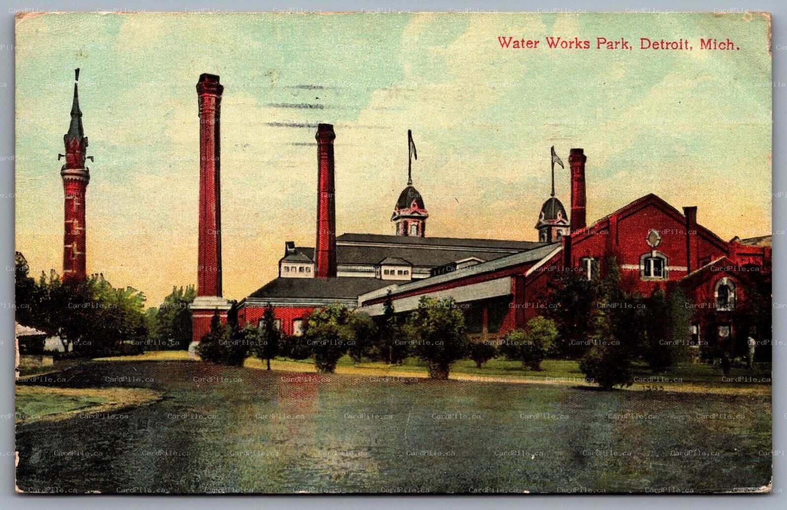 Postcard Detroit MI c1912 Water Works Park Pumping Station Lake St. Clair
