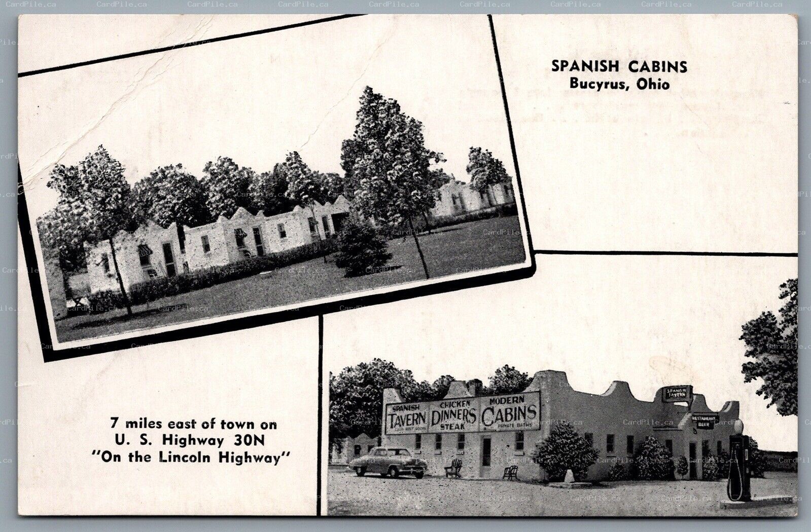 Postcard Bucyrus OH c1950s Spanish Cabins Tavern Dinners Lincoln Highway