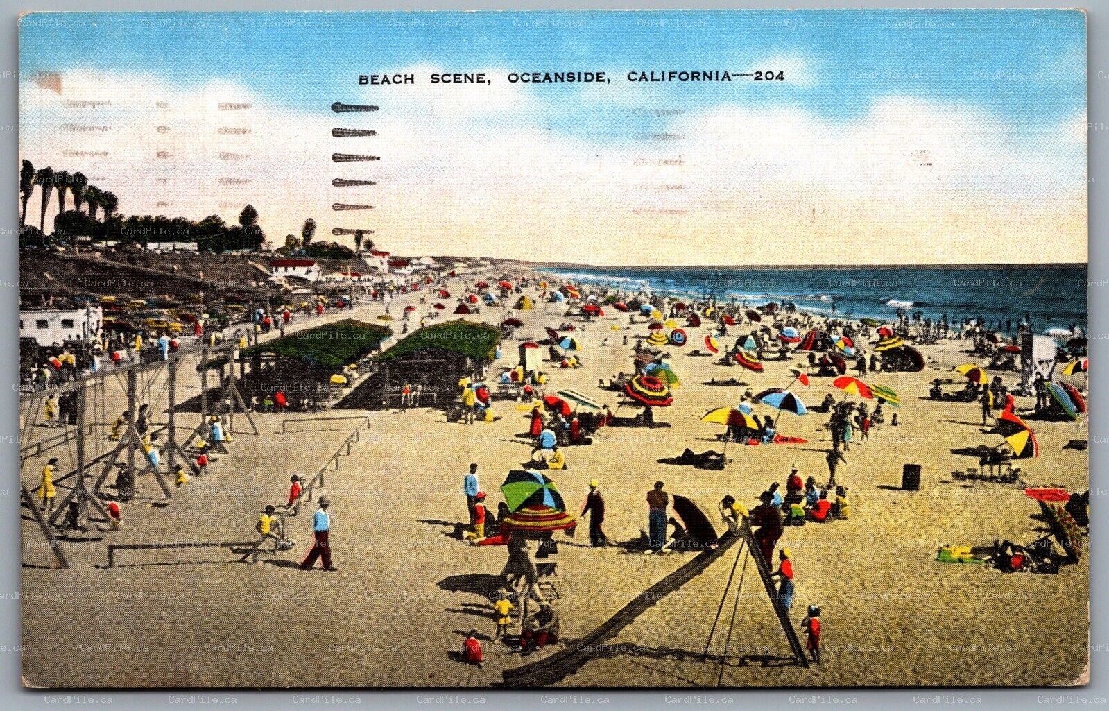 Postcard Oceanside CA c1950 Beach Scene Bathing Umbrellas Bathers Ocean View