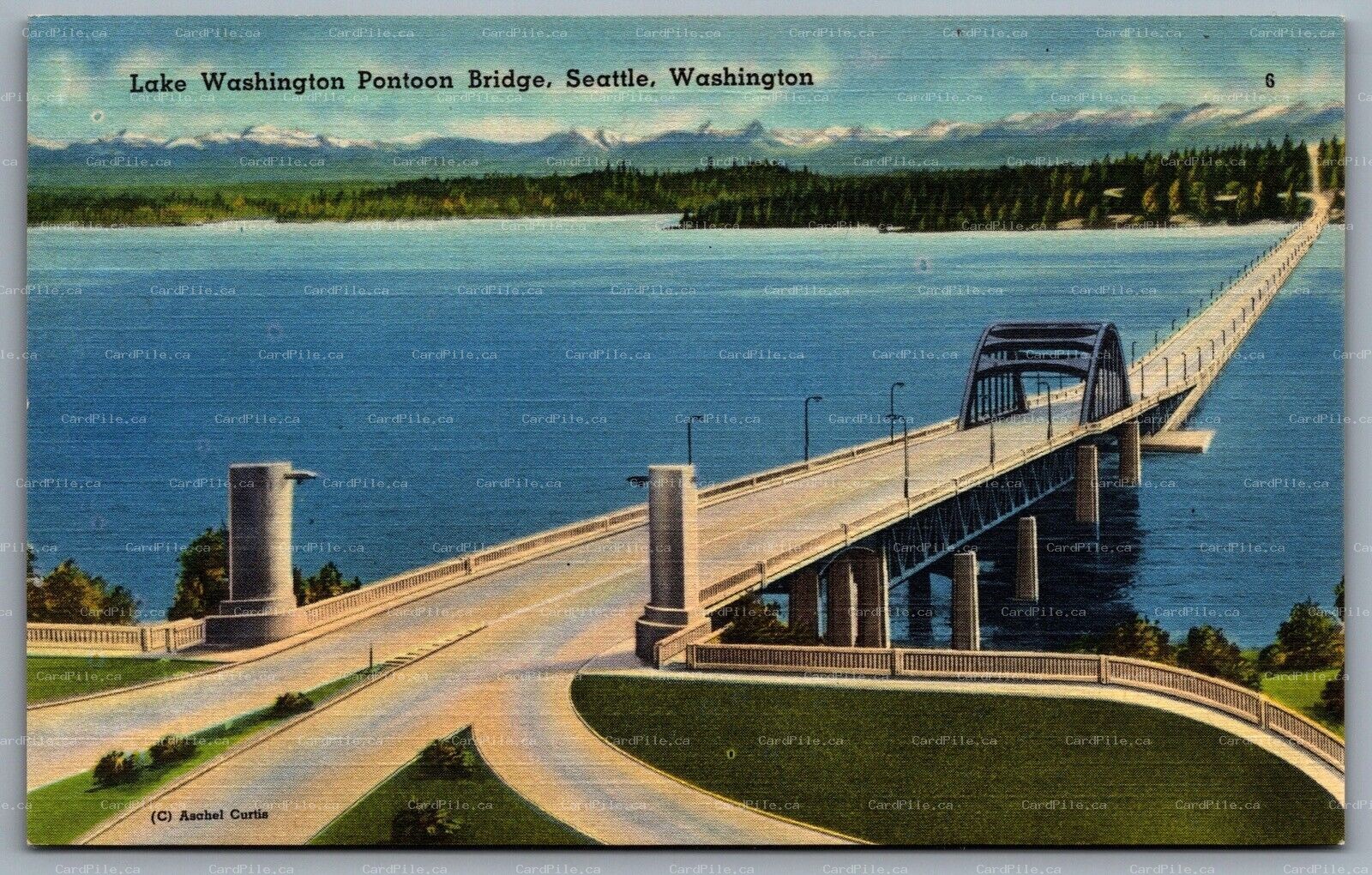 Postcard Seattle WA c1940s Lake Washington Pontoon Bridge now Lacey V. Murrow