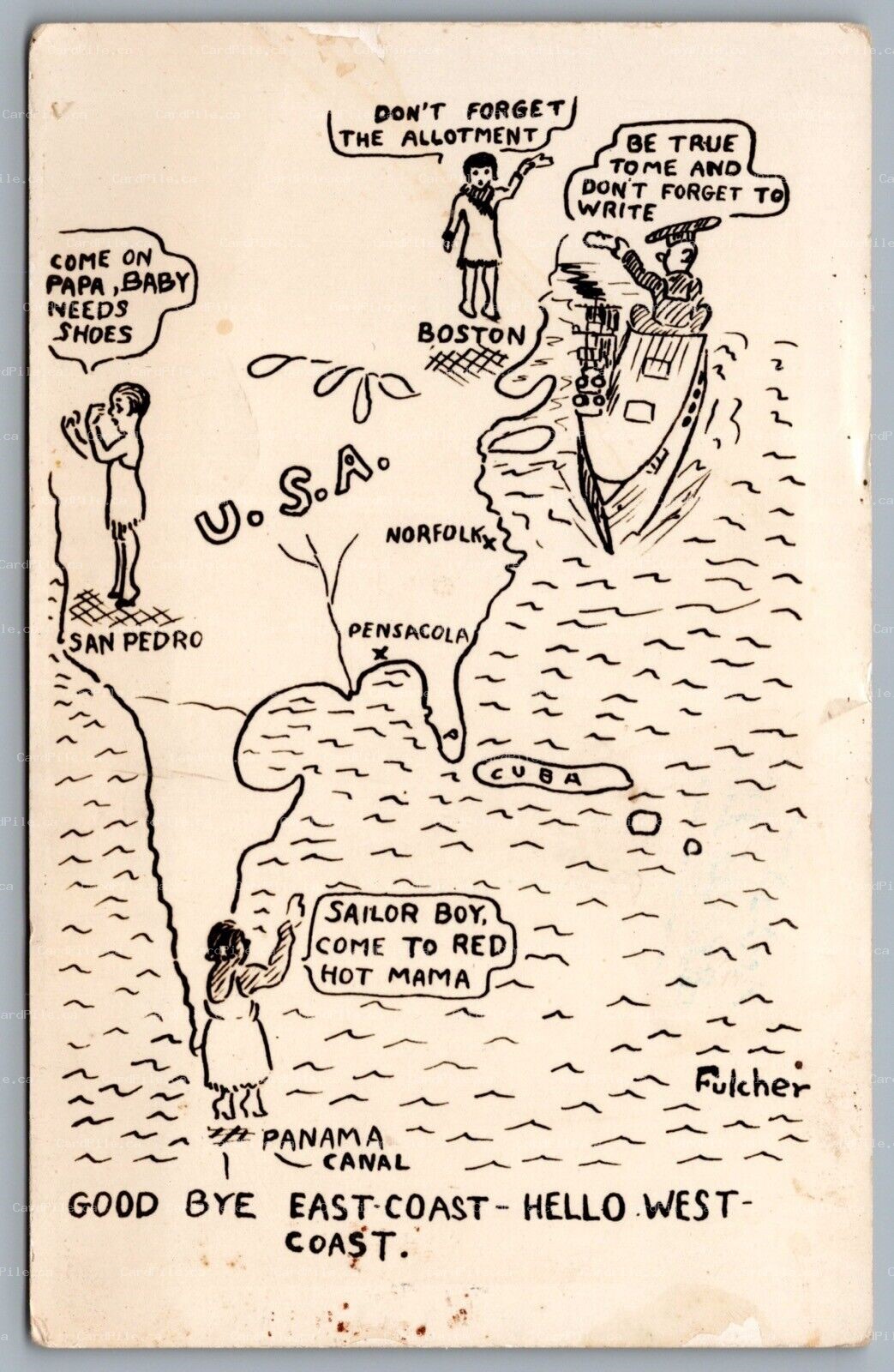 Postcard RPPC c1910s United States Good Bye East Coast Hello West Coast Fulcher