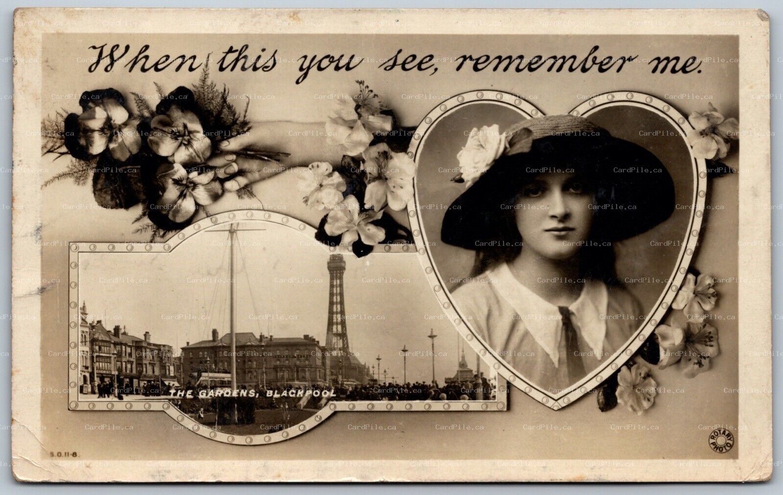 RPPC c1918 Blackpool UK The Gardens Romance When this you see Remember me by ECB