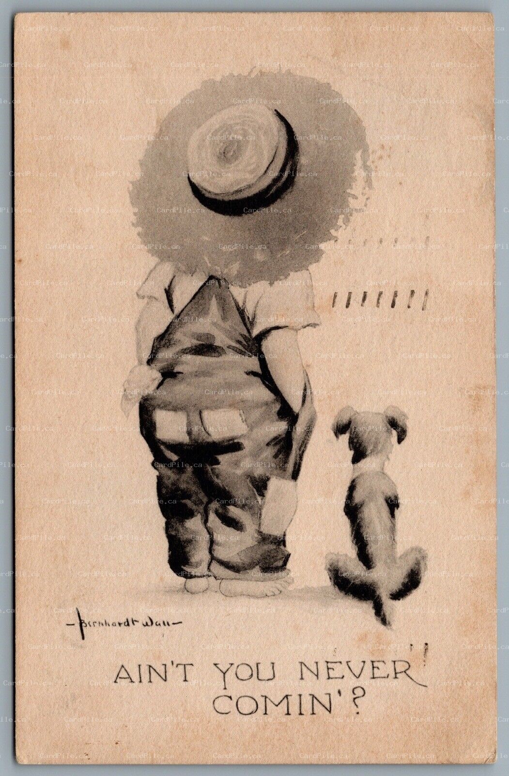 Postcard c1913 Artist Signed AS Bernhardt Wall Ain’t You Never Comin Boy and Dog