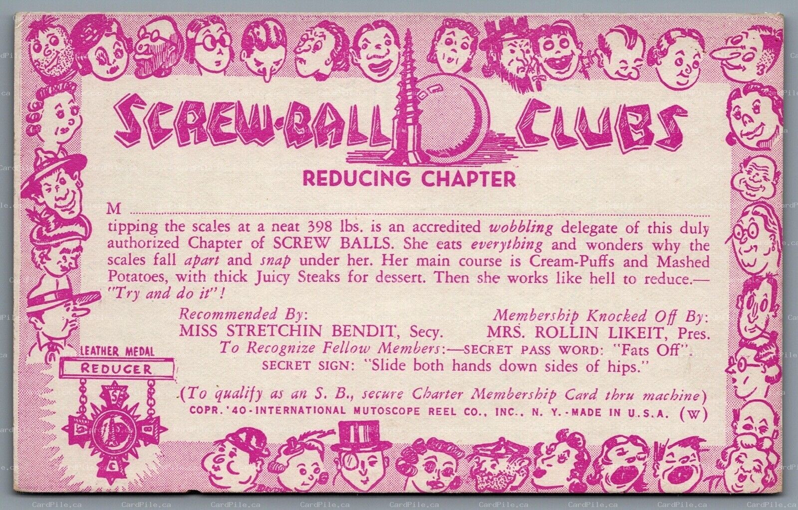Postcard c1940s Screw Ball Clubs Reducing Chapter Mutoscope Reel Co.