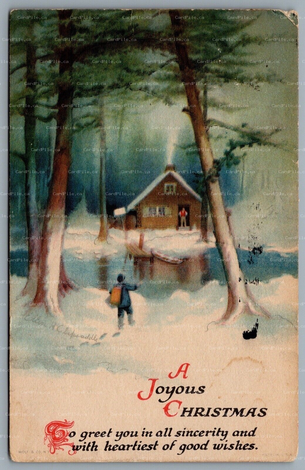 Postcard Christmas 1928 Arist Signed AS Ellen Clapsaddle A Joyous Christmas Wolf