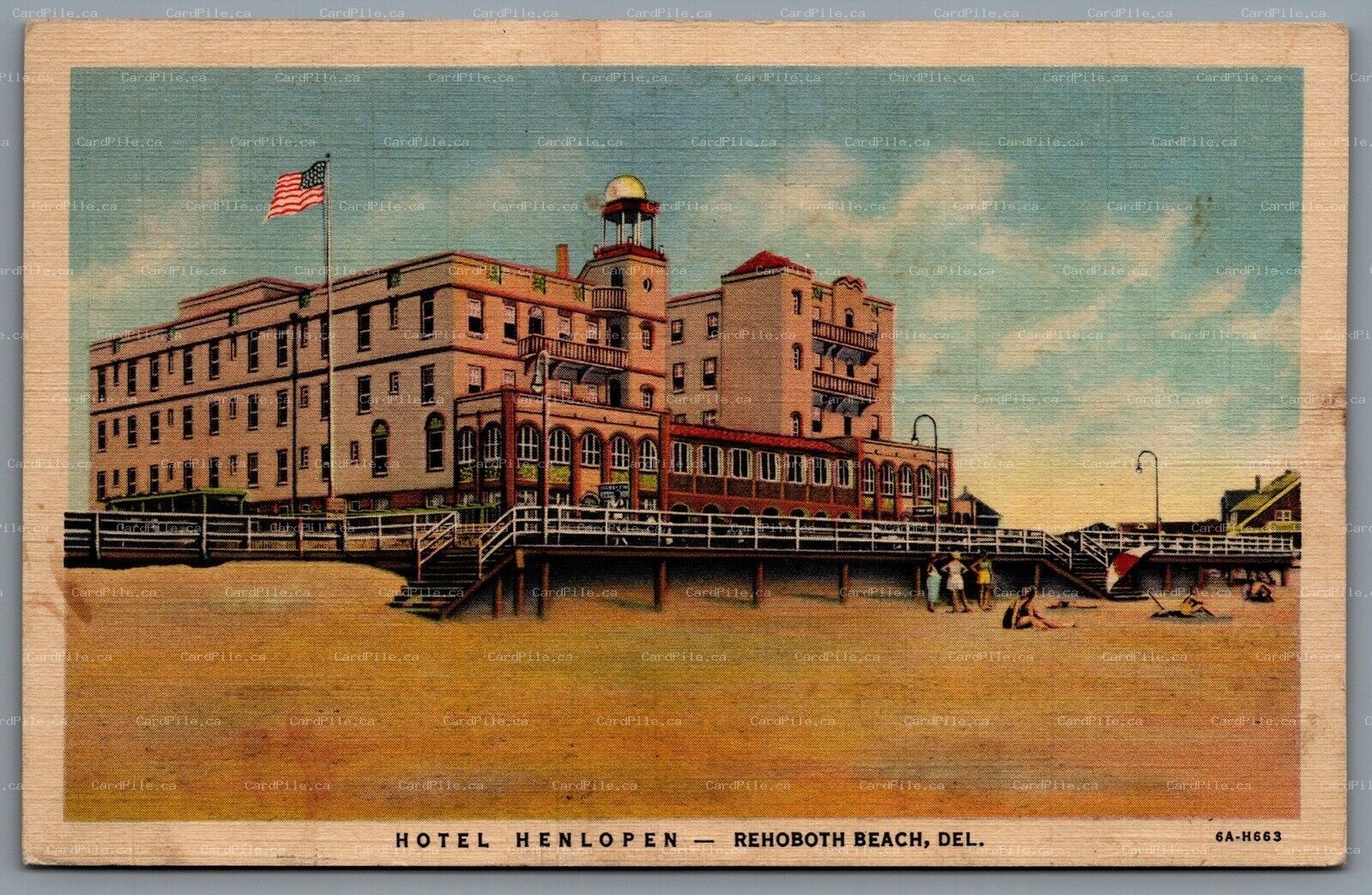 Postcard Rehoboth DE c1938 Hotel Henlopen View From Beach and Boardwalk Advert