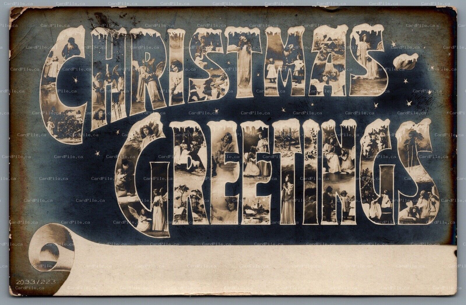 Postcard RPPC c1905 Large Letter Christmas Greetings Scroll Multi View Angels 