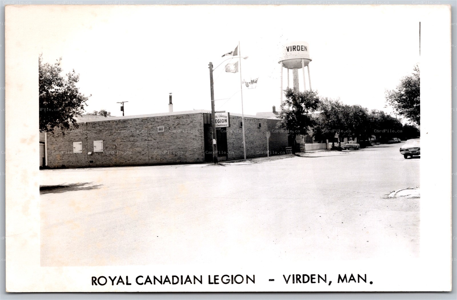 Postcard RPPC c1940s Virden Manitoba Royal Canadian Legion Water Tower Old Cars